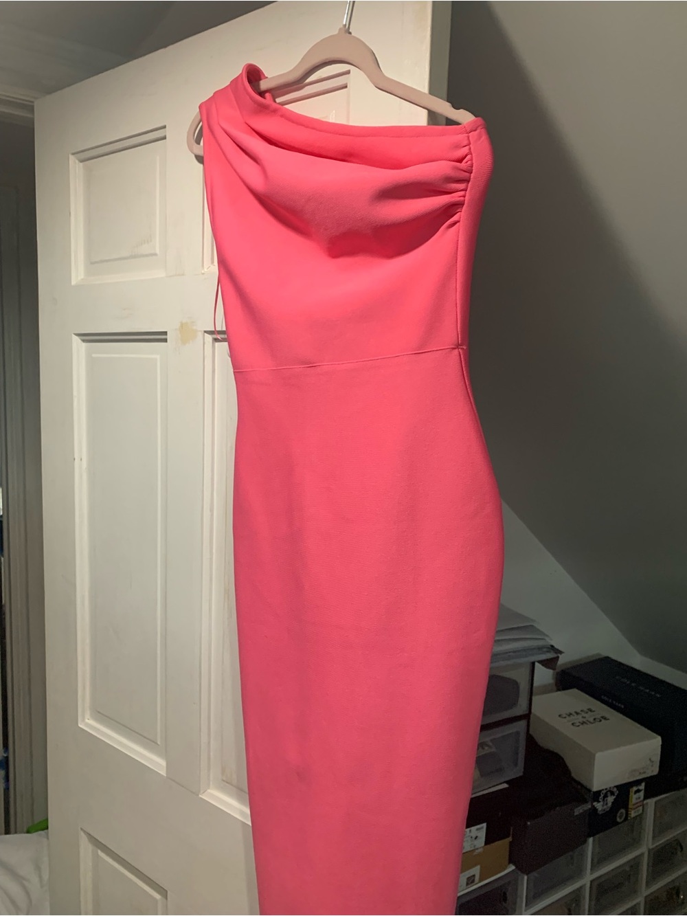 Classic One-Shoulder Bodycon Dress in Coral Pink